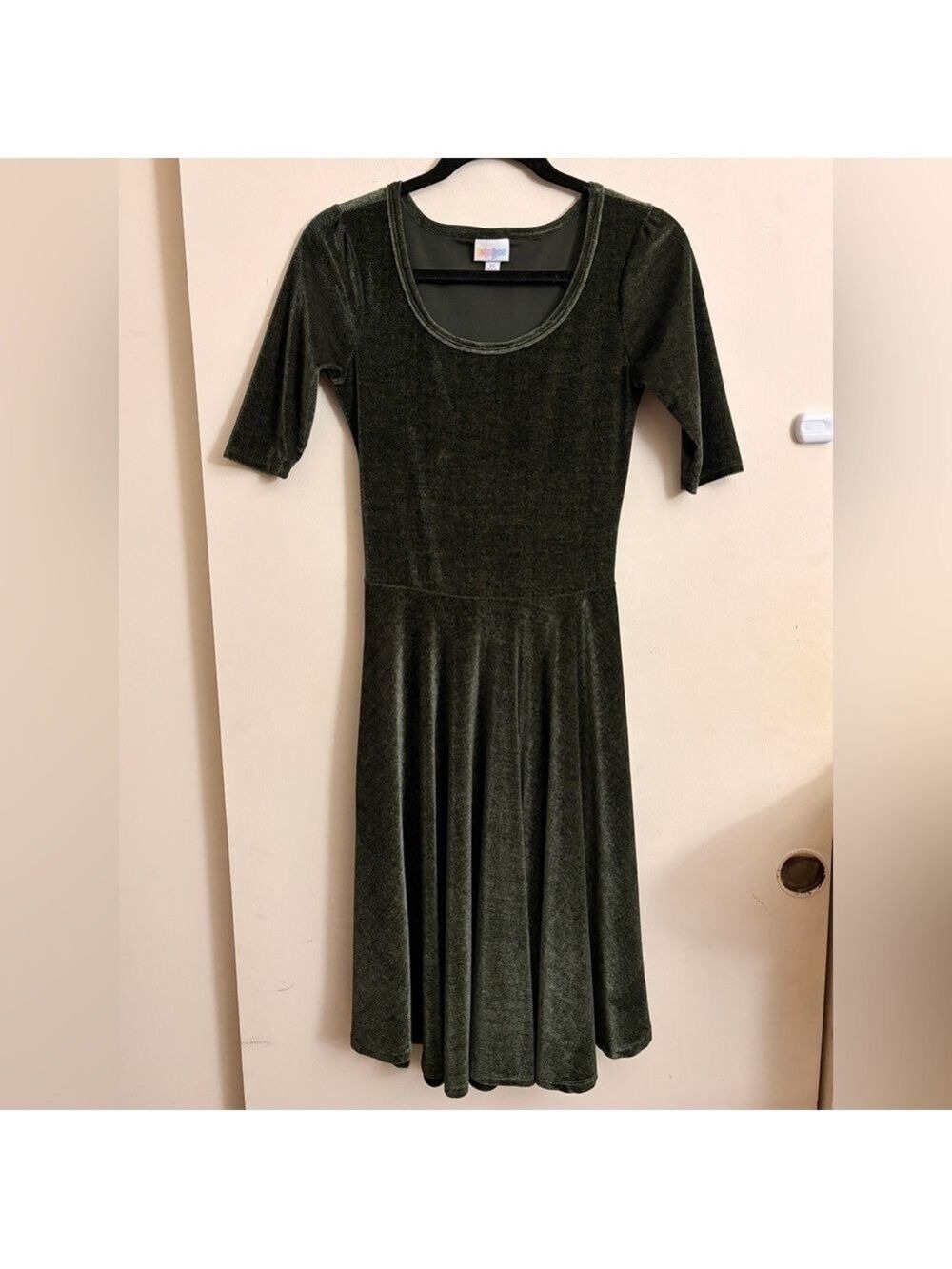 LuLaRoe Elegant Collection Olive Green Velvet Nicole Dress Fit Flare Mid-Sleeve